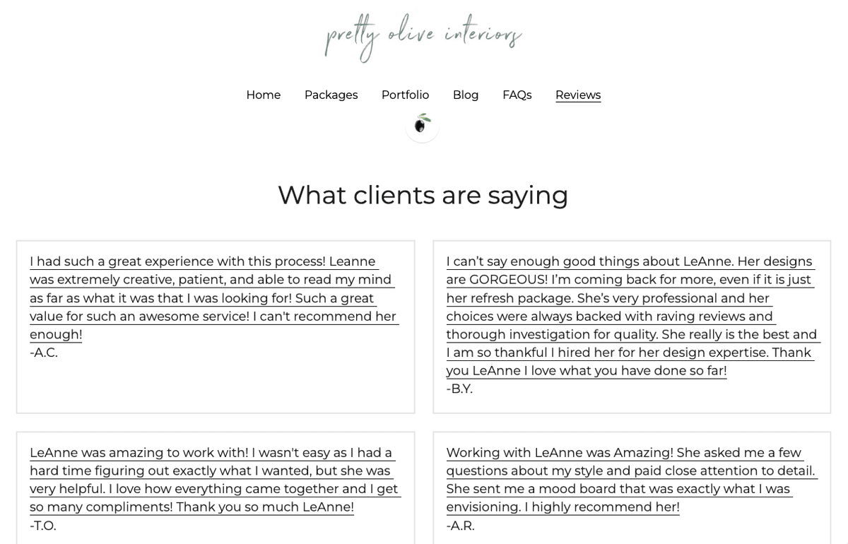 Page de témoignages de Pretty Olive Interiors