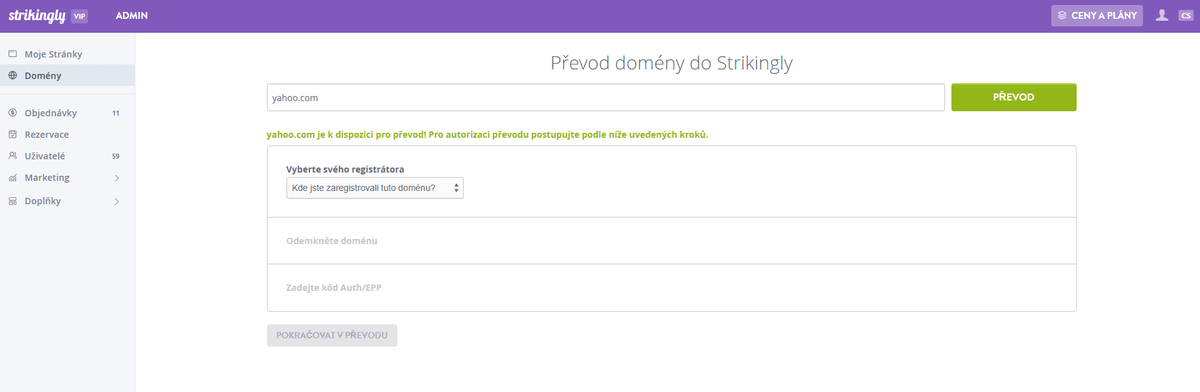 Pagina de transfer de domeniu Strikingly
