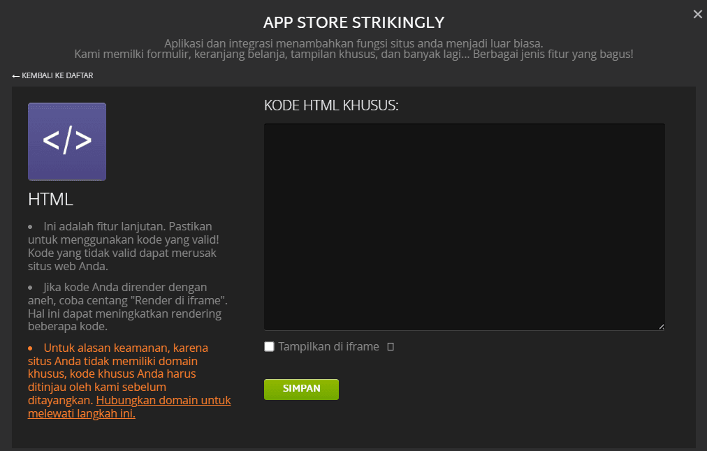 Bagian HTML Strikingly melalui App Store