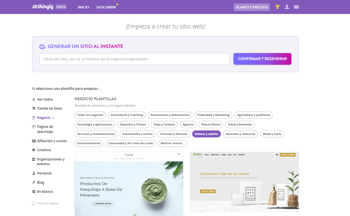 Página de Plantillas de Strikingly