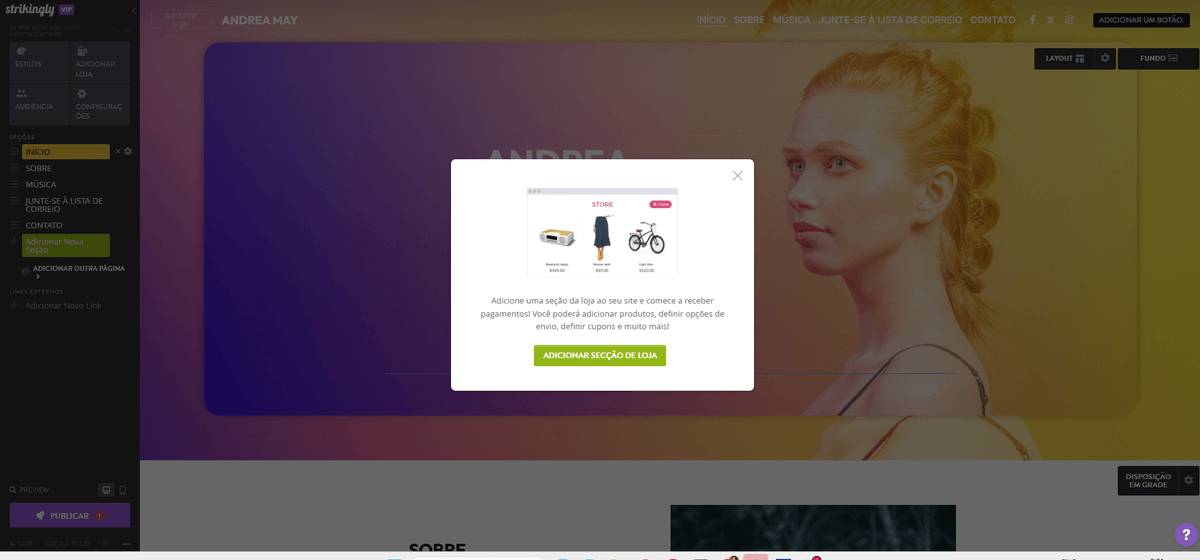Strikingly - Construir um site de música - Recursos de comércio eletrónico