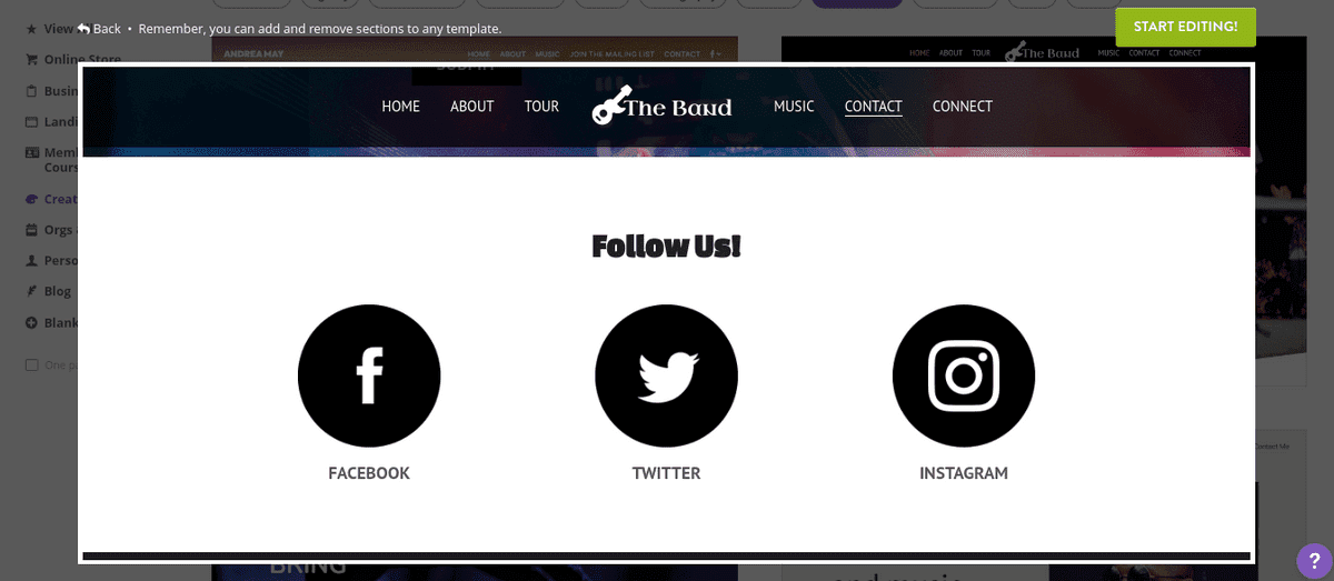 Strikingly - Construir um site de música - Integração de redes sociais