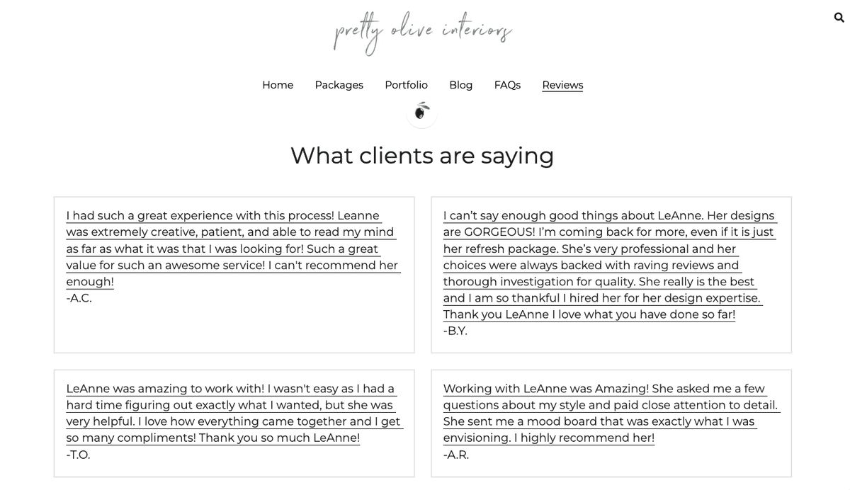 Página de reseñas de Pretty Olive Interiors