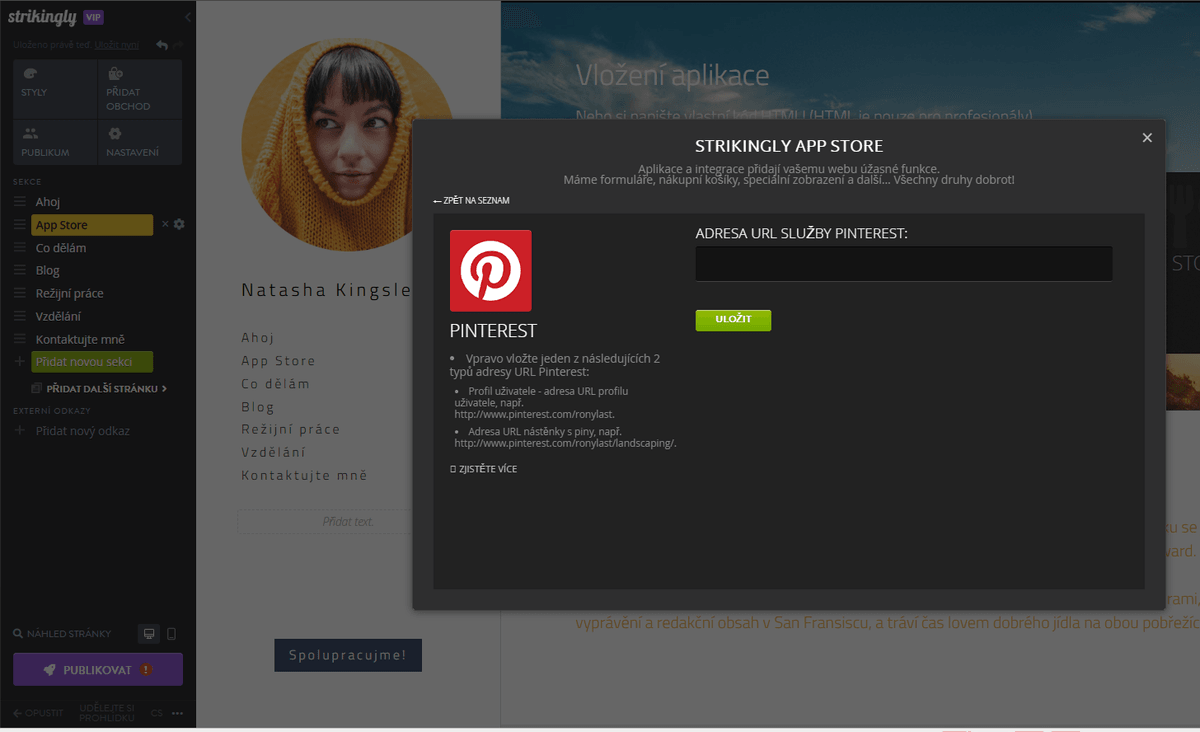 Strikingly pro bezproblémovou integraci Pinterestu pro firmy - Vložte kód na Strikingly