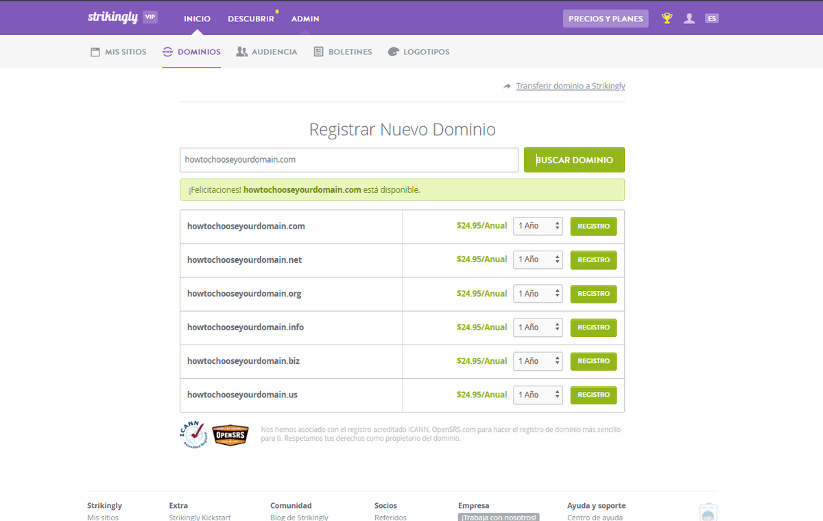 Página de selección de dominios de Strikingly