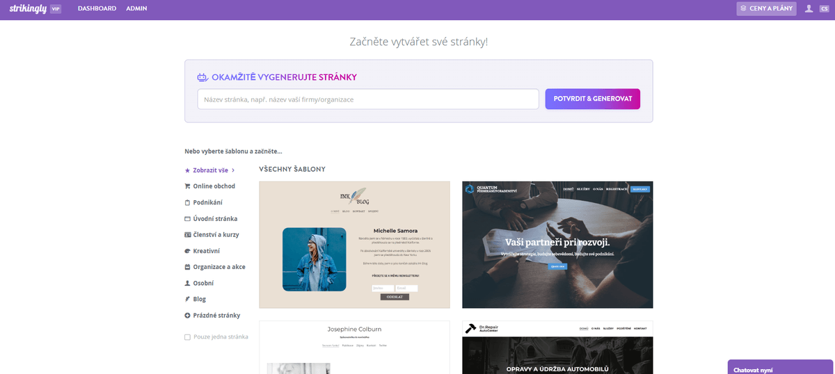 Výrazná stránka pro výběr šablony