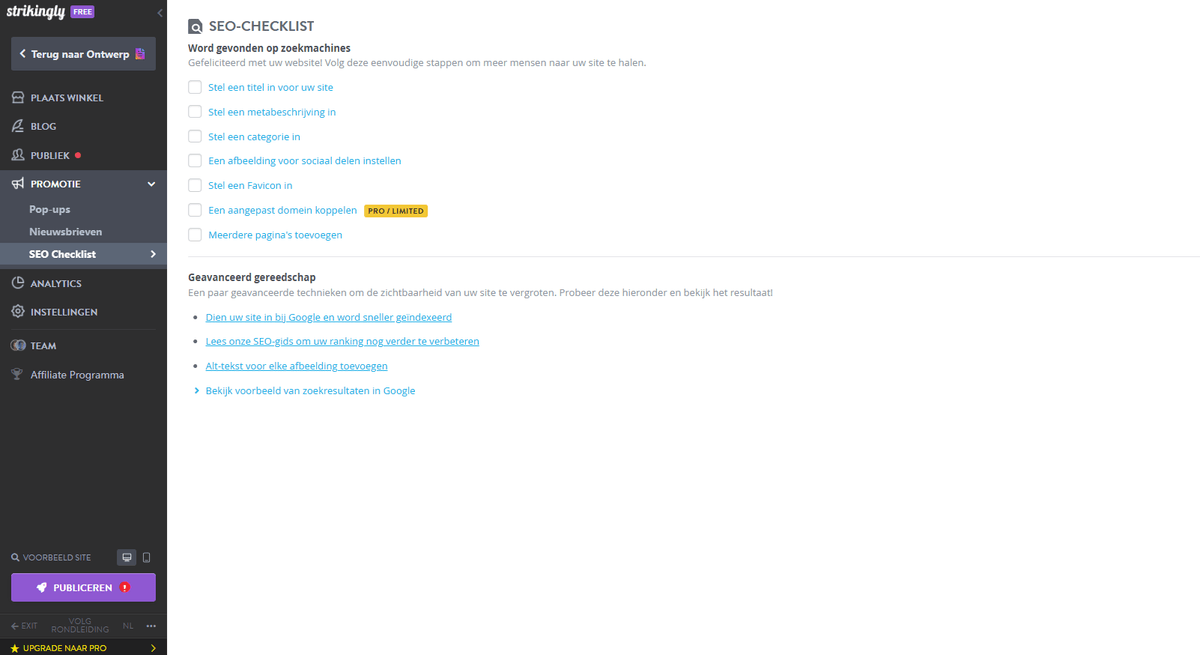 Hoe maak je een mobiele app-website met Strikingly - SEO-instellingen