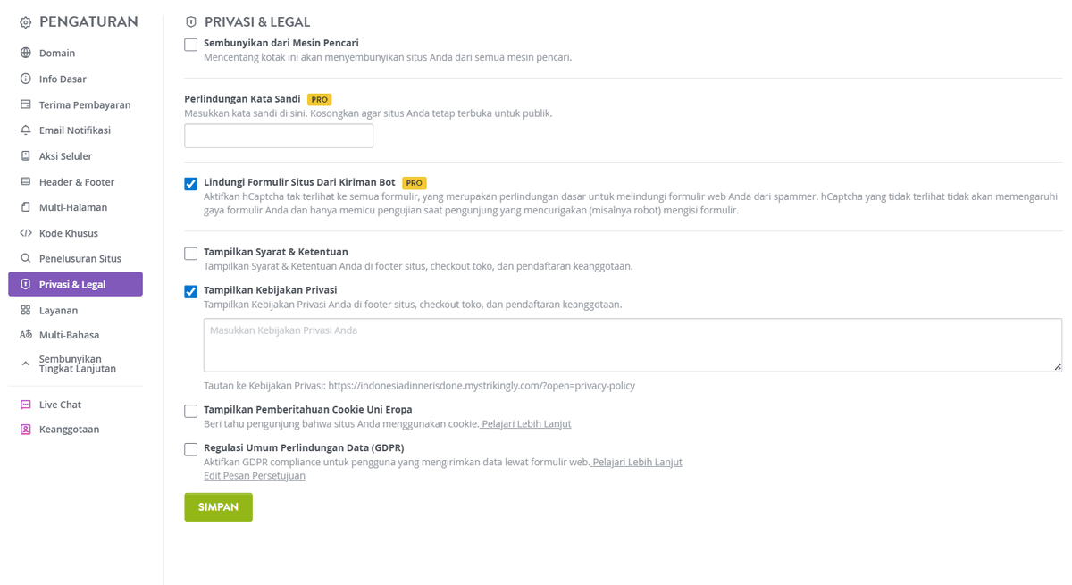 Pengaturan Kebijakan Privasi yang Mencolok