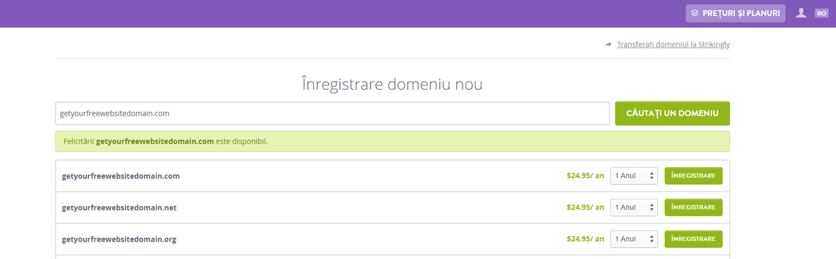 Pagină de înregistrare a domeniului Strikingly