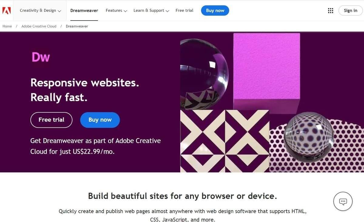 Página de inicio de Adobe Dreamweaver