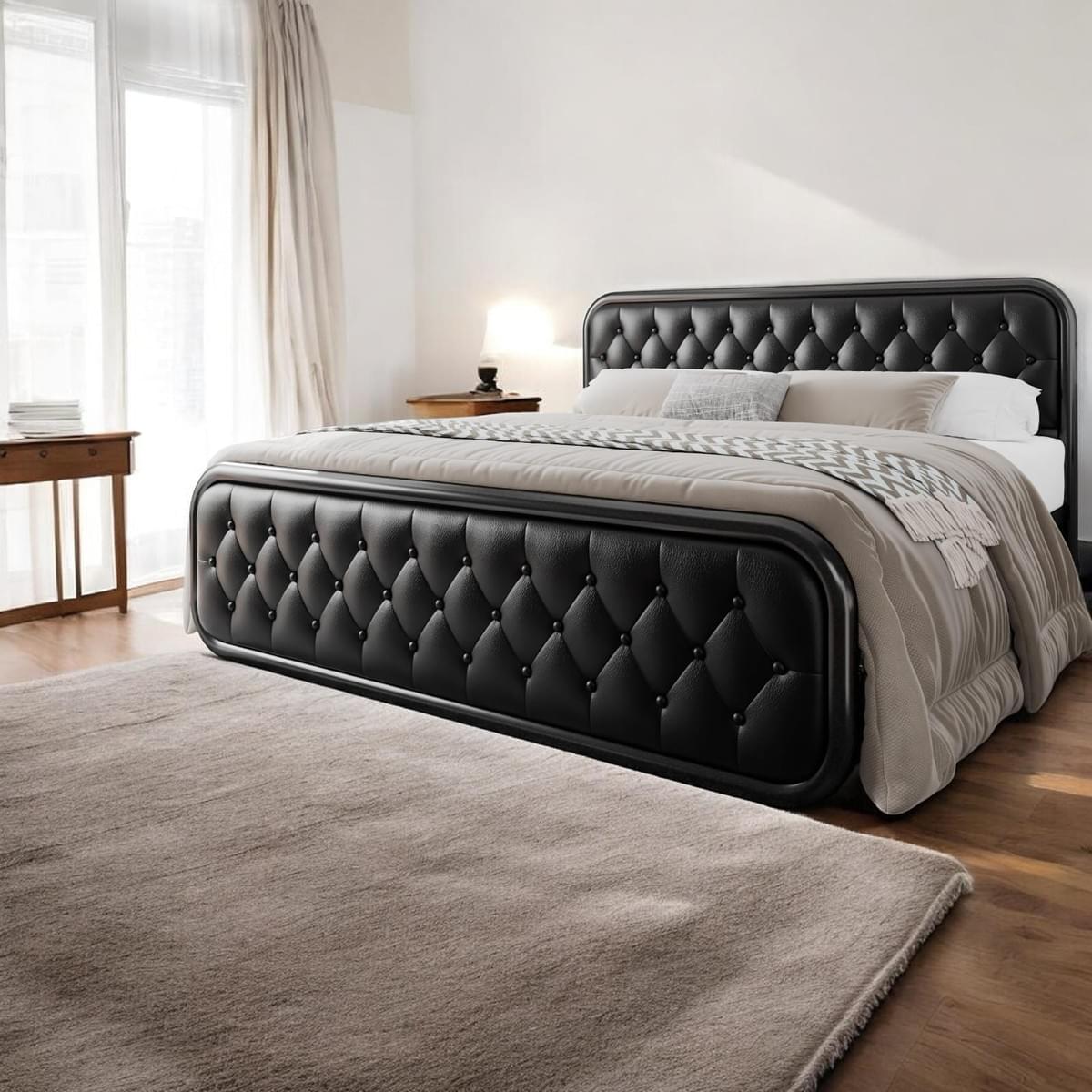 Geometric Sturdy Metal Frame Bed Upholstered Headboard