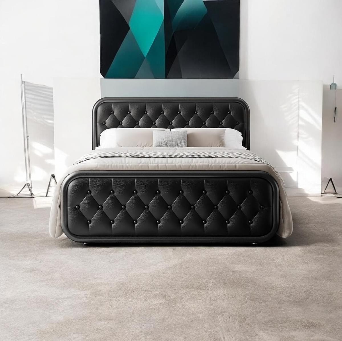 Geometric Sturdy Metal Frame Bed Upholstered Headboard
