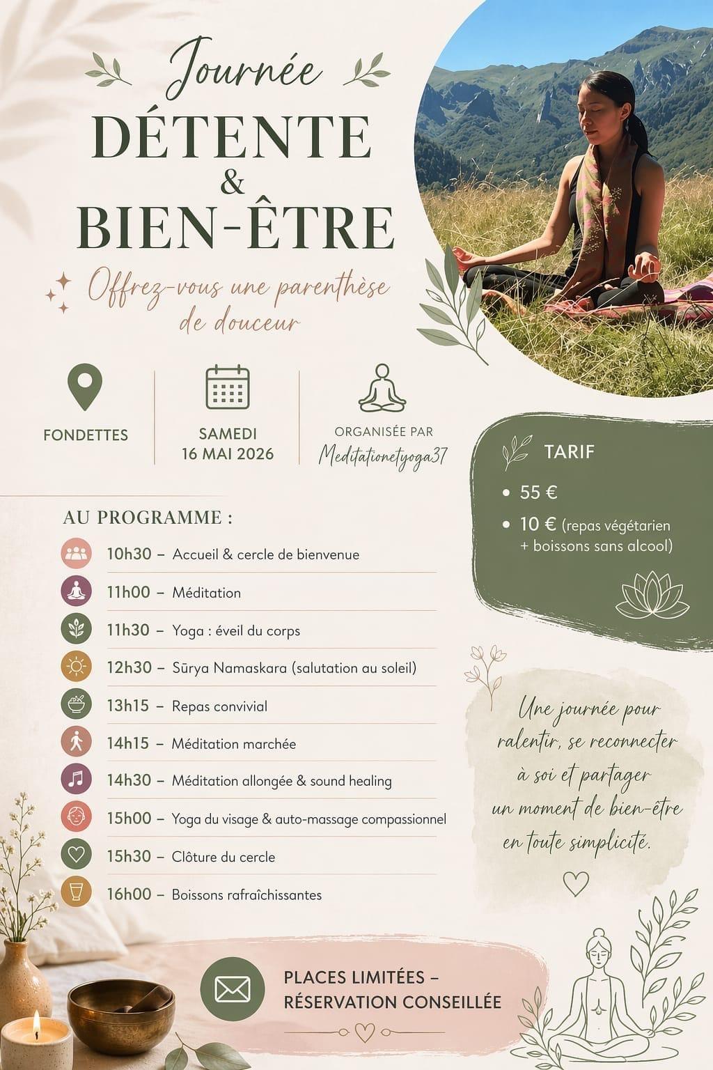 JOURNÉE DÉTENTE & BIEN-ÊTRE À FONDETTES : 1 journée - 16 mai 2026