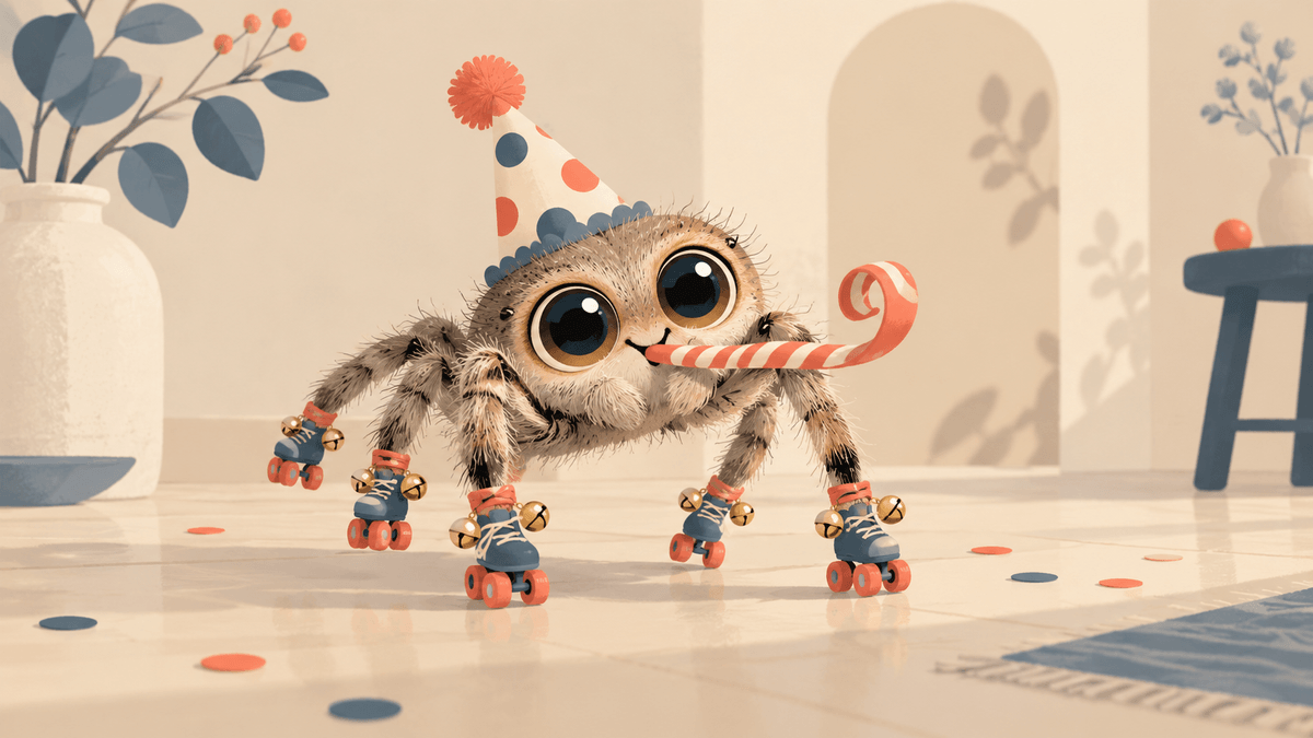 Phobie des araignées – Transformer une représentation mentale. Araignée imaginaire aux grands yeux attendrissants, coiffée d'un chapeau de clown et chaussée de patins à roulettes.