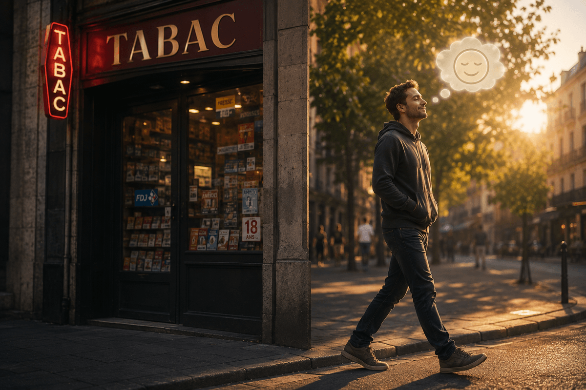 Illustration cinématographique représentant une personne passant sereinement devant un bureau de tabac sans ressentir d’envie particulière. Cette image symbolise la possibilité de transformer un ancien déclencheur automatique en une nouvelle réponse intérieure plus apaisée grâce à un nouvel apprentissage.