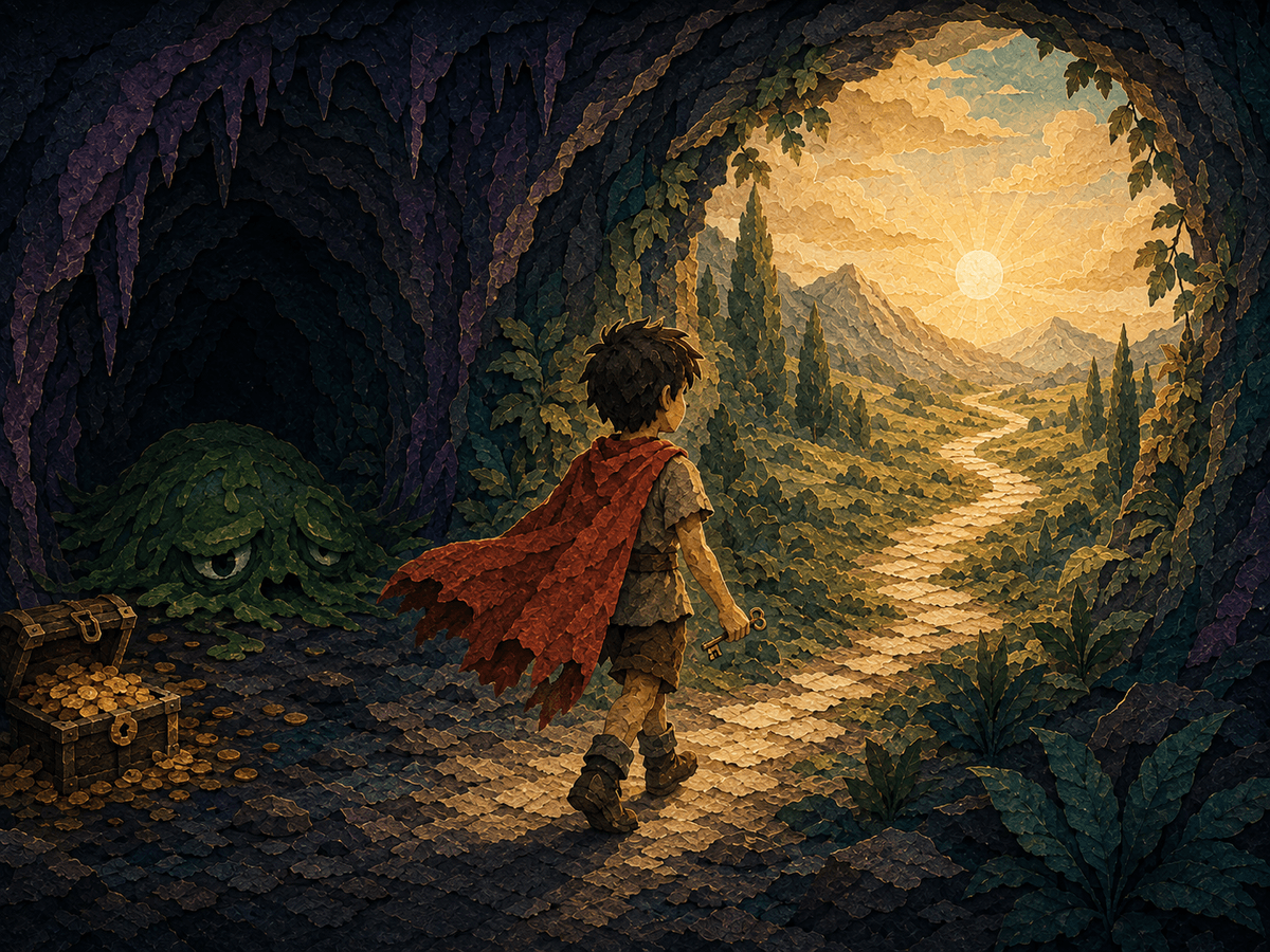 Enfant quittant la grotte après l’épreuve, laissant le blob et le trésor derrière lui pour repartir avec une petite clé.