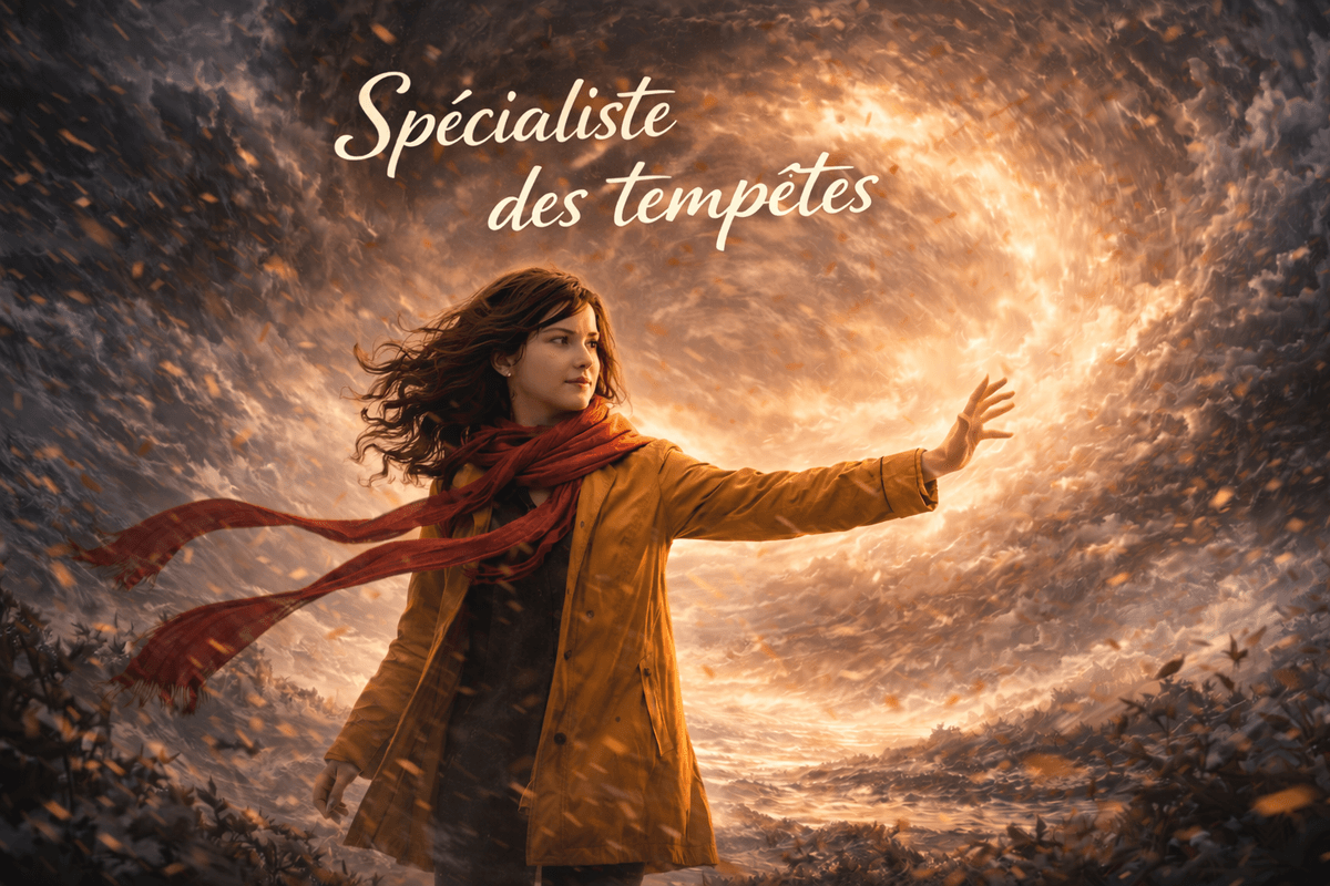 Femme adulte dans une tempête, calme et solide, illustrant la capacité à traverser les épreuves et à en tirer une force intérieure.