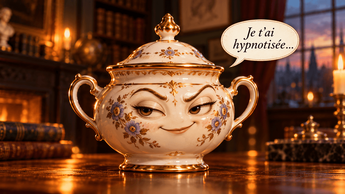 Un sucrier en porcelaine personnifié sourit malicieusement après avoir hypnotisé Madame Braid lors d’une expérience historique.