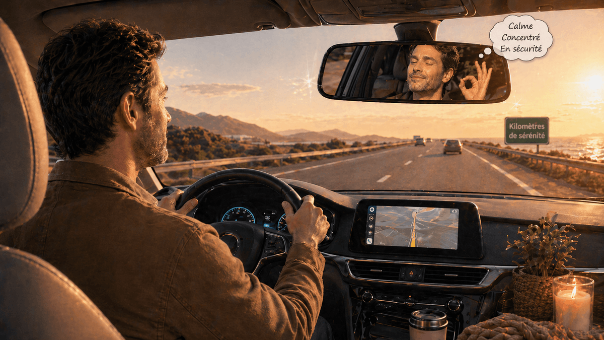 Un homme conduit calmement sur une route au coucher du soleil. Dans le rétroviseur, son reflet paraît plus serein et confiant, comme une version intérieure plus compétente de lui-même. L’image illustre l’utilisation de l’auto-hypnose pour rester présent, concentré et en sécurité pendant les longs trajets.