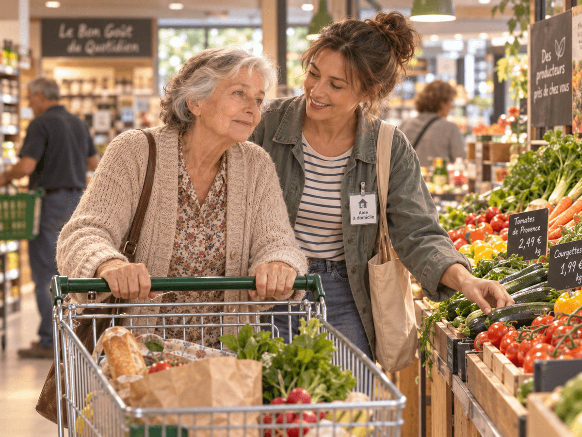     Josette âgée fait ses courses en supermarché, appuyée sur son caddie et accompagnée d’une aide à domicile, retrouvant autonomie et plaisir de choisir.