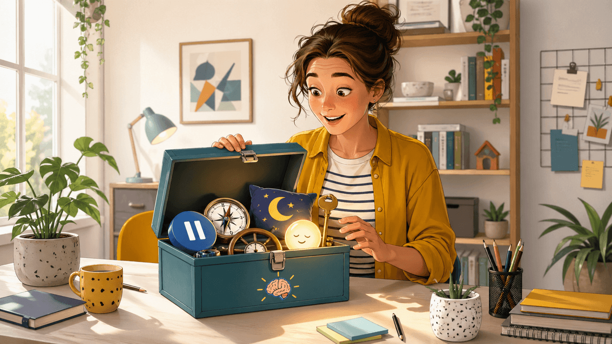 Une personne découvre une boîte à outils symbolique remplie de ressources intérieures : calme, sommeil, direction, pause, perception du temps et confiance. L’image représente l’auto-hypnose comme un outil personnel, accessible et adaptable pour mieux communiquer avec soi-même.