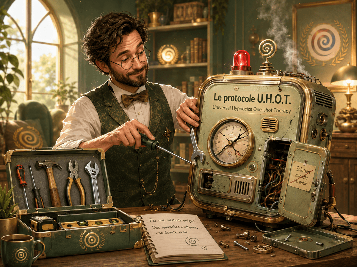 Un hypnothérapeute démonte le protocole universel U.H.O.T. en panne à l’aide de plusieurs outils, symbole d’un accompagnement personnalisé et adaptable.