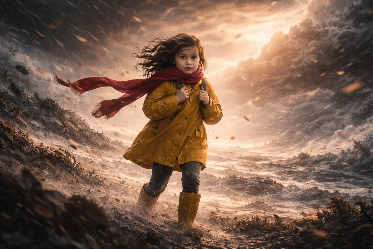 Petite fille en ciré jaune et écharpe rouge au cœur d’une tempête, illustration symbolique de l’enfance traversant une épreuve.