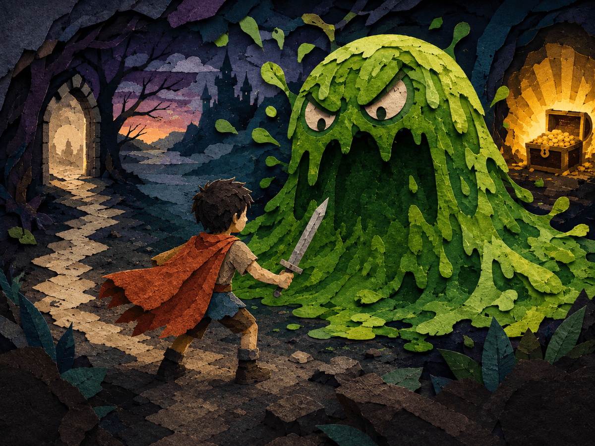Enfant équipé en héros affrontant un immense blob vert dans un voyage symbolique en hypnose.