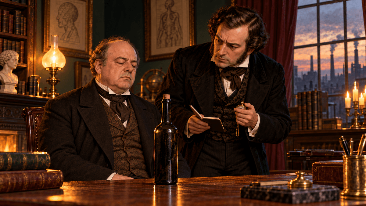 James Braid observe M. Walker entrer en hypnose en fixant une bouteille de vin lors de sa première expérience à Manchester en 1841.