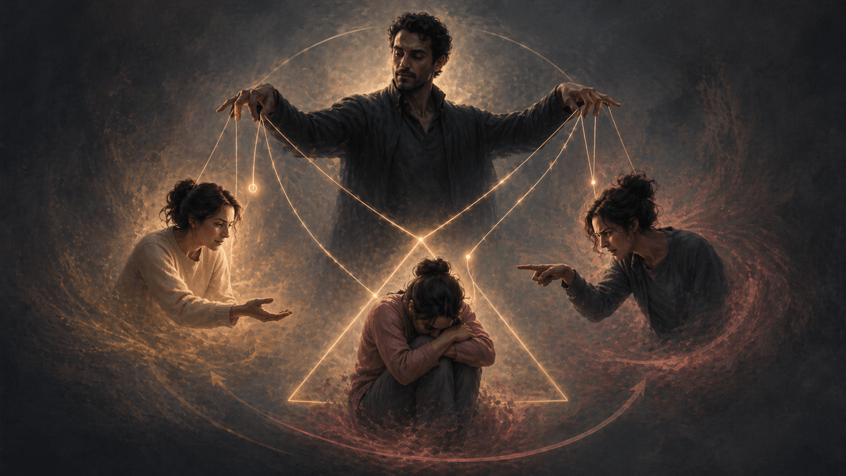 Illustration symbolique d’un homme manipulateur tenant en main les rôles du triangle de Karpman : victime, sauveur et bourreau, dans une dynamique d’emprise psychologique.