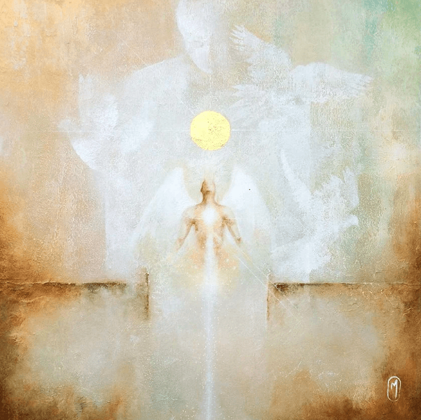 Une silhouette blanche d'un homme observe un autre homme ailé s'élever spirituellement 