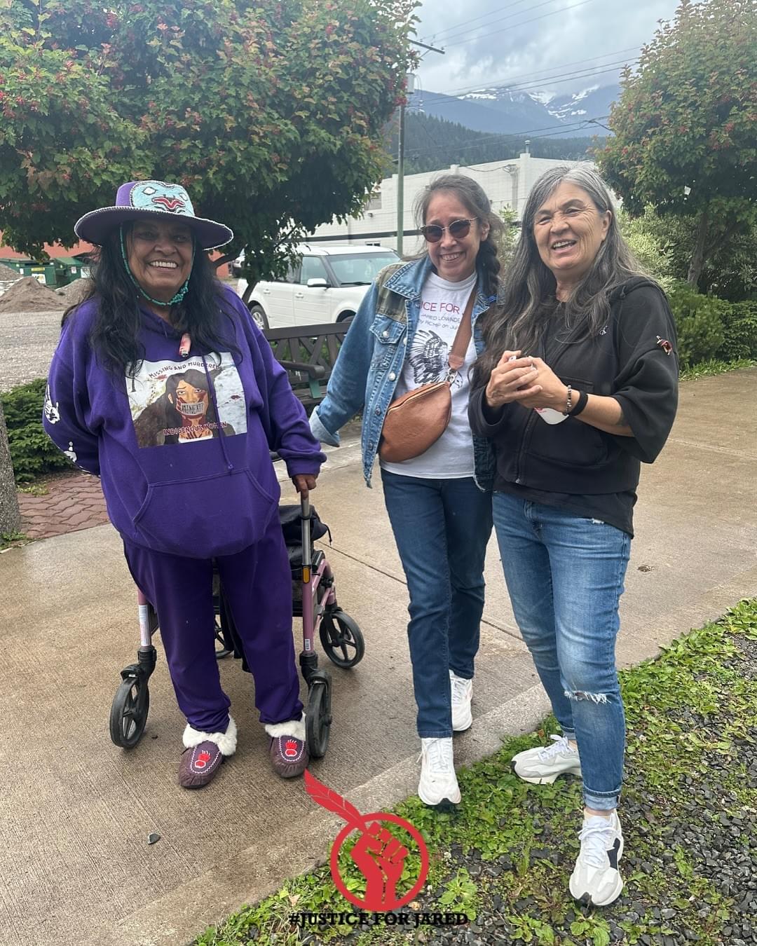 3 incredible activists and advocates: Gladys Radek (Laksilyu Clan, Wet’suwet’en Nation), Laura Holland (Laksilyu Clan, Wet’suwet’en Nation) & Kathleen Abraham’s (Haida Nation), standing together at Bovill Square.