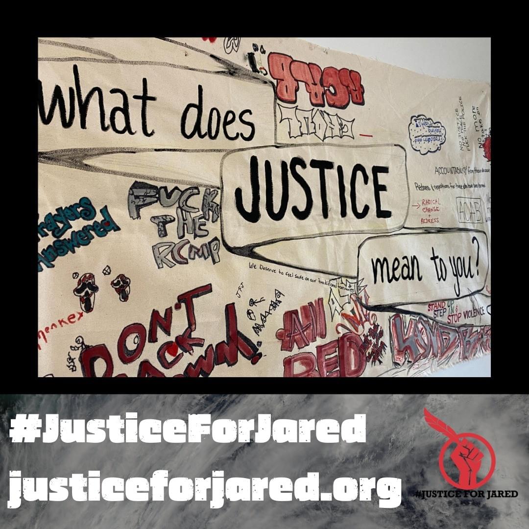 Closeup of a banner on undyed canvas. Centre text: "What does JUSTICE mean to you?" Text is surrounded by handwritten answers in various colours, including silver, red & black. At the bottom of the image a watermark reads: "#JusticeForJared. justiceforjared.org." The #JusticeForJared logo is featured in the bottom right.
