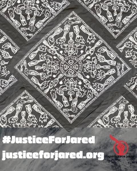 Tiled image of the bandana, the design includes molo cocktails, flaming cars, and the repeating text: "ABOLISH, DESTROY, DISMANTLE, DEFUND." The bottom of the image has the link to Justiceforjared.org #JusticeForJared logo is featured in the bottom right.