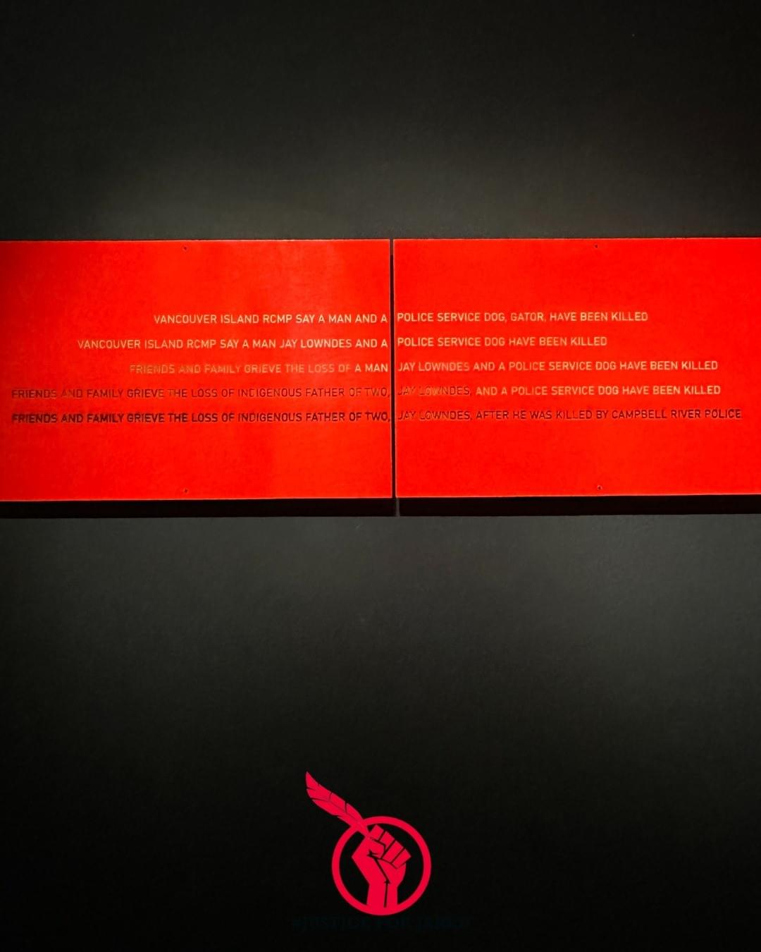 A graffitied roadside sign (black and yellow diagonal stripes) with the text “SINIXT” and “FTP.” A black and white Justice For Jared sticker is stuck in the centre. At the bottom of the graphic is the Justice For Jared logo, a red fist holding up an eagle feather.