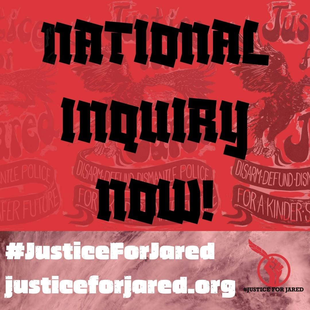 A black & white linocut, featuring a moose in a forested area. A large, full moon hands low in the sky, and the words "Don't Back Down" are written on top. At the bottom of the image a watermark reads: "#JusticeForJared. justiceforjared.org." The #JusticeForJared logo is featured in the bottom right.