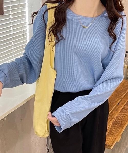 ベーシッククルーネック長袖トップス／ブルー