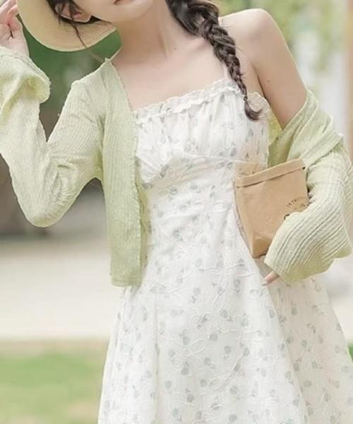 ふんわり透かし編みショートカーディガン／2色展開（ホワイト・グリーン）