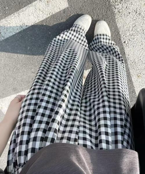 ギンガムチェックワイドパンツ／軽やかリラックスフィット