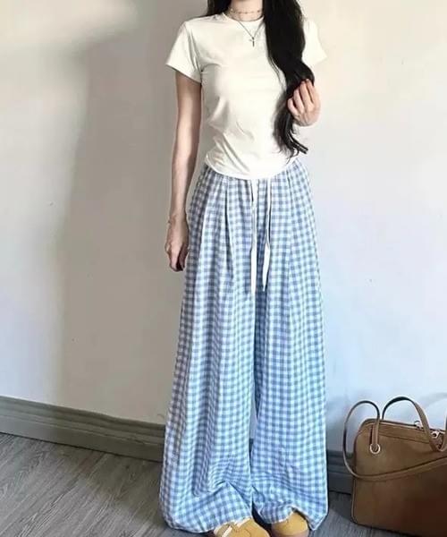 ギンガムチェックワイドパンツ／軽やかリラックスフィット