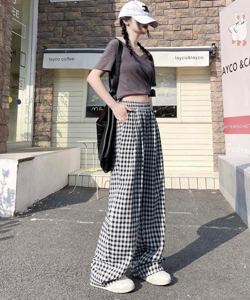 ギンガムチェックワイドパンツ／軽やかリラックスフィット