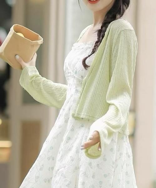 ふんわり透かし編みショートカーディガン／2色展開（ホワイト・グリーン）