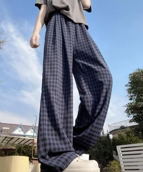 ギンガムチェックワイドパンツ／軽やかリラックスフィット