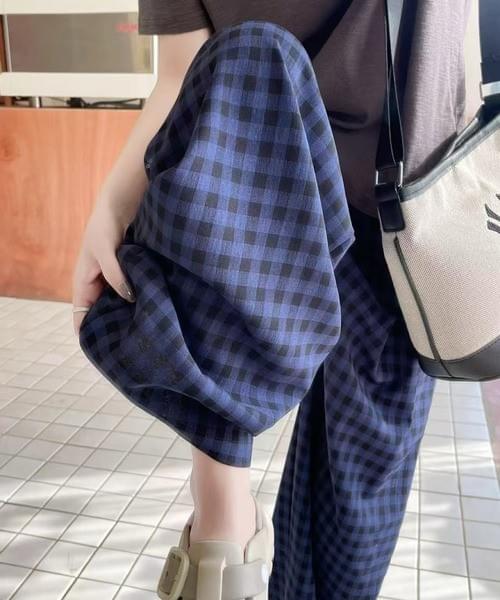 ギンガムチェックワイドパンツ／軽やかリラックスフィット