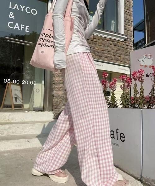 ギンガムチェックワイドパンツ／軽やかリラックスフィット