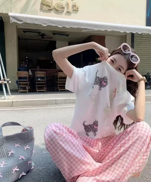 ギンガムチェックワイドパンツ／軽やかリラックスフィット