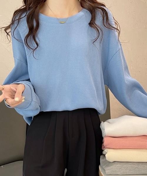 ベーシッククルーネック長袖トップス／ブルー