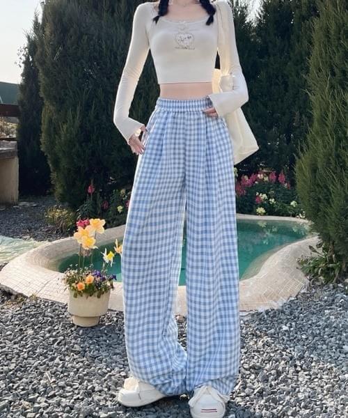 ギンガムチェックワイドパンツ／軽やかリラックスフィット