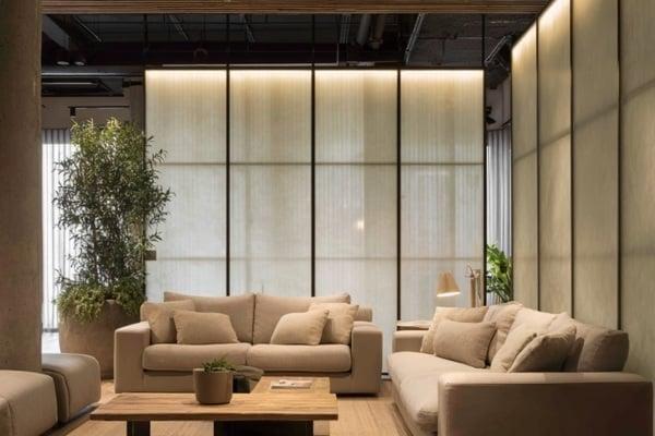 Fabric laminated glass used in modern architectural interior design for decorative partitions and feature walls