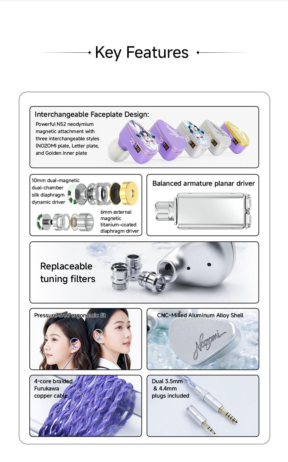 CVJ NOZOMI 2DD+1PD New Planar In-Ear Earphones Interchangeable Panel Nozzle 3 Unit
